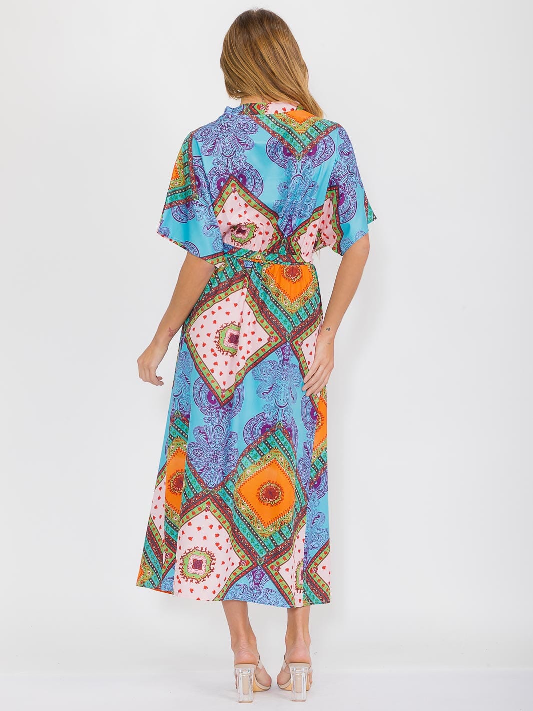 WOMEN'S SHORT SLEEVES V-NECK BUTTON UP MULTI PRINT MAXI DRESS