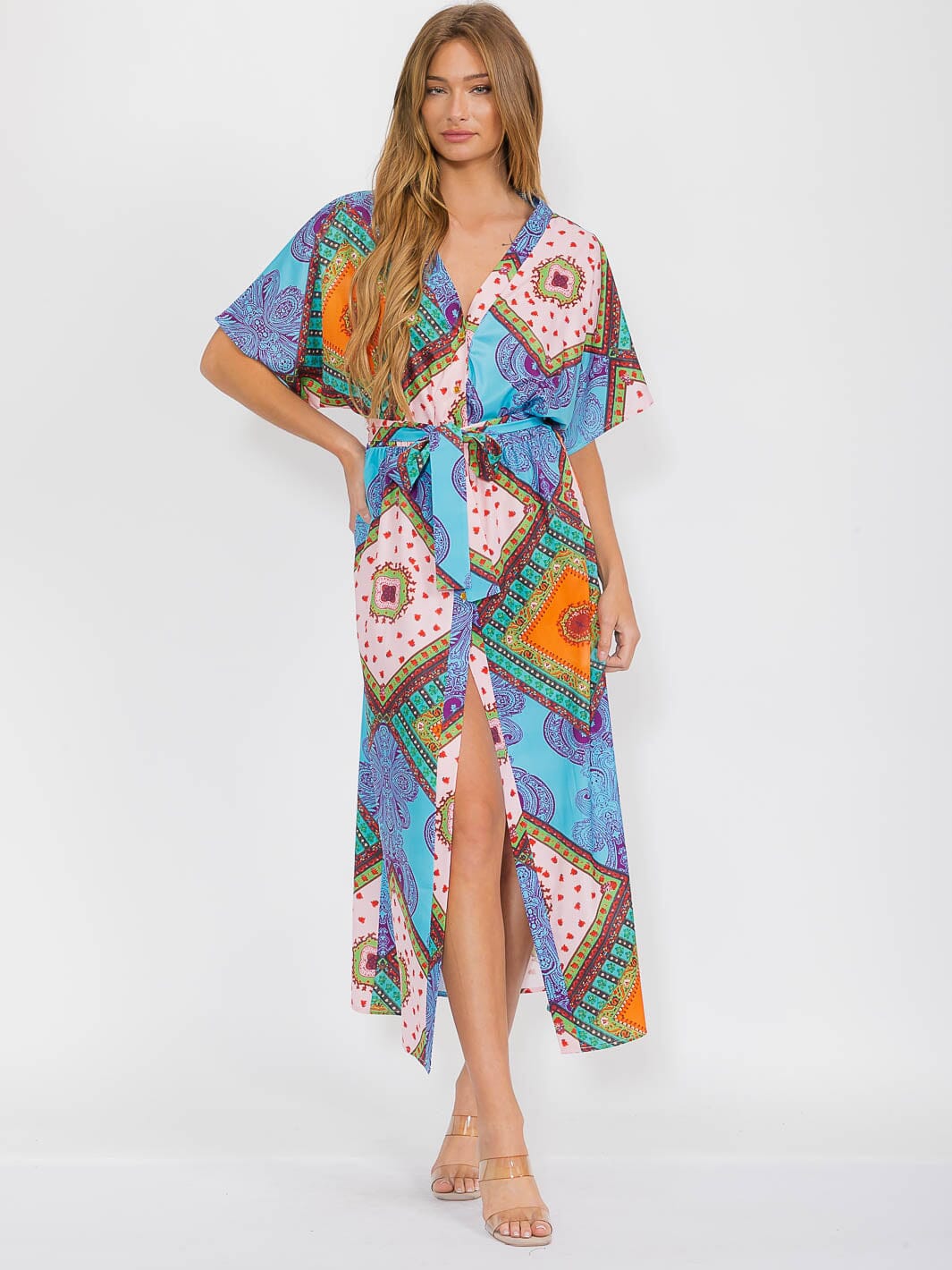 WOMEN'S SHORT SLEEVES V-NECK BUTTON UP MULTI PRINT MAXI DRESS