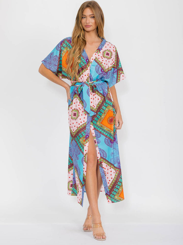 WOMEN'S SHORT SLEEVES V-NECK BUTTON UP MULTI PRINT MAXI DRESS