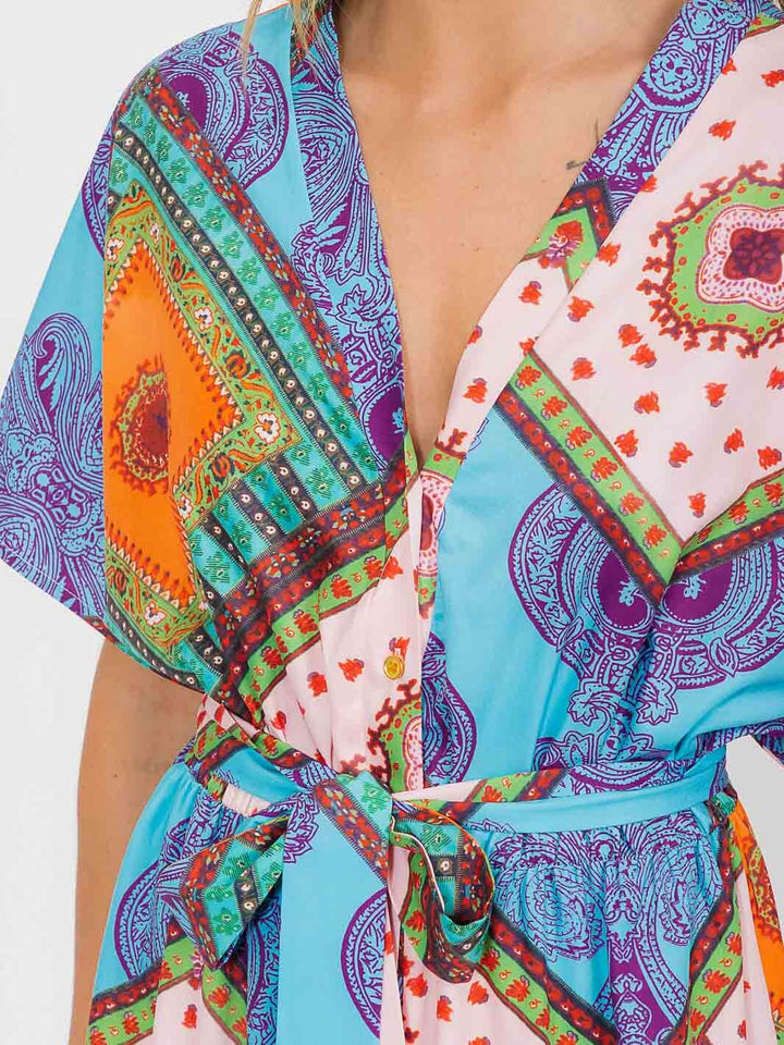 WOMEN'S SHORT SLEEVES V-NECK BUTTON UP MULTI PRINT MAXI DRESS