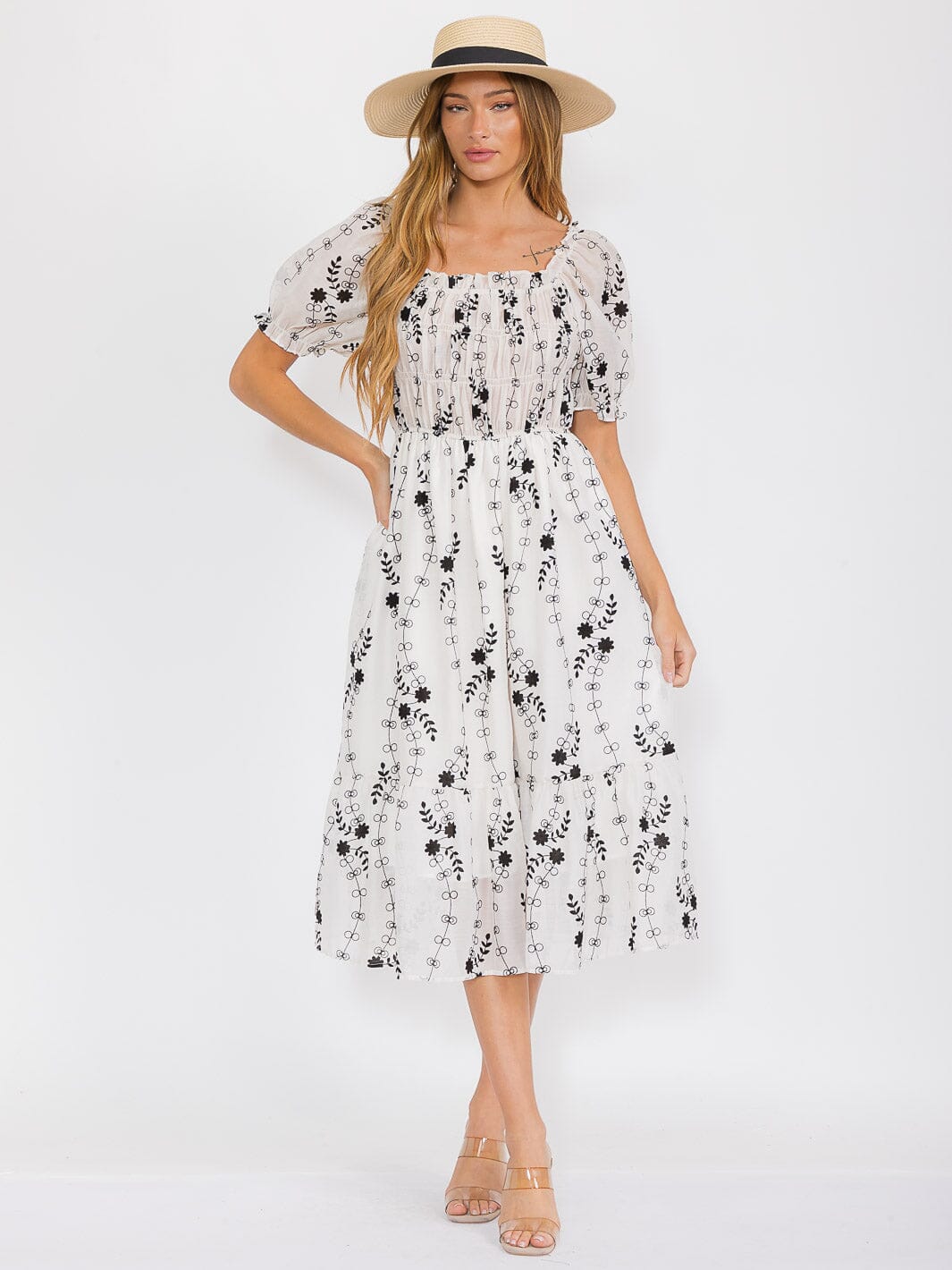 WOMEN'S SHORT SLEEVES ELASTIC WAIST TIERED FLORAL MIDI DRESS