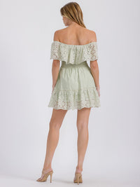 WOMEN'S OFF SHOULDER SMOCK WAIST EYELET RUFFLE MINI DRESS