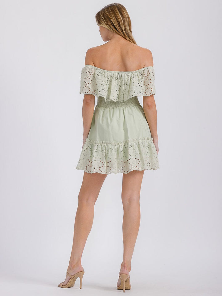 WOMEN'S OFF SHOULDER SMOCK WAIST EYELET RUFFLE MINI DRESS