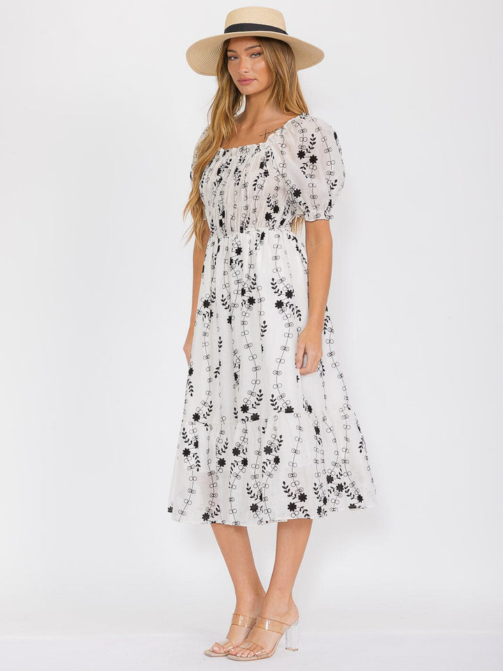 WOMEN'S SHORT SLEEVES ELASTIC WAIST TIERED FLORAL MIDI DRESS