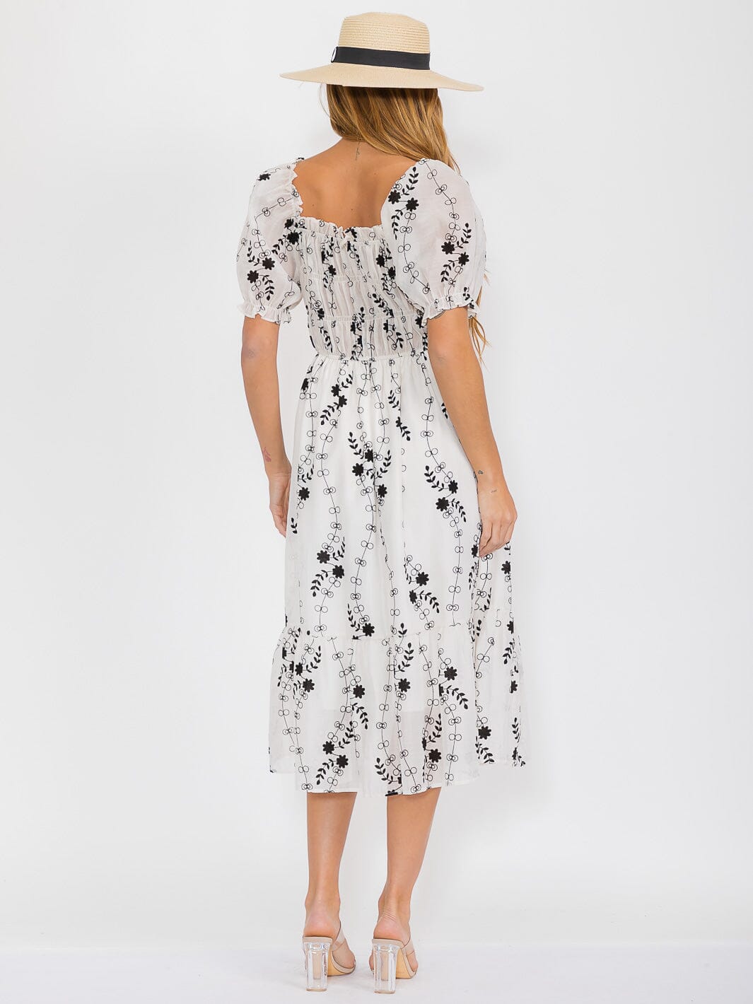 WOMEN'S SHORT SLEEVES ELASTIC WAIST TIERED FLORAL MIDI DRESS