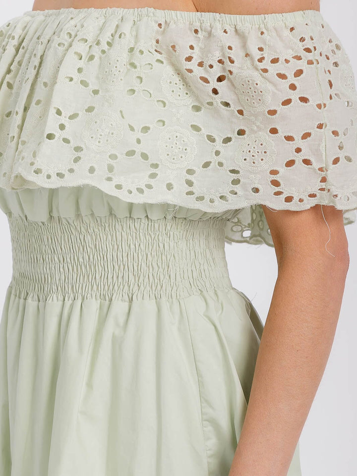 WOMEN'S OFF SHOULDER SMOCK WAIST EYELET RUFFLE MINI DRESS
