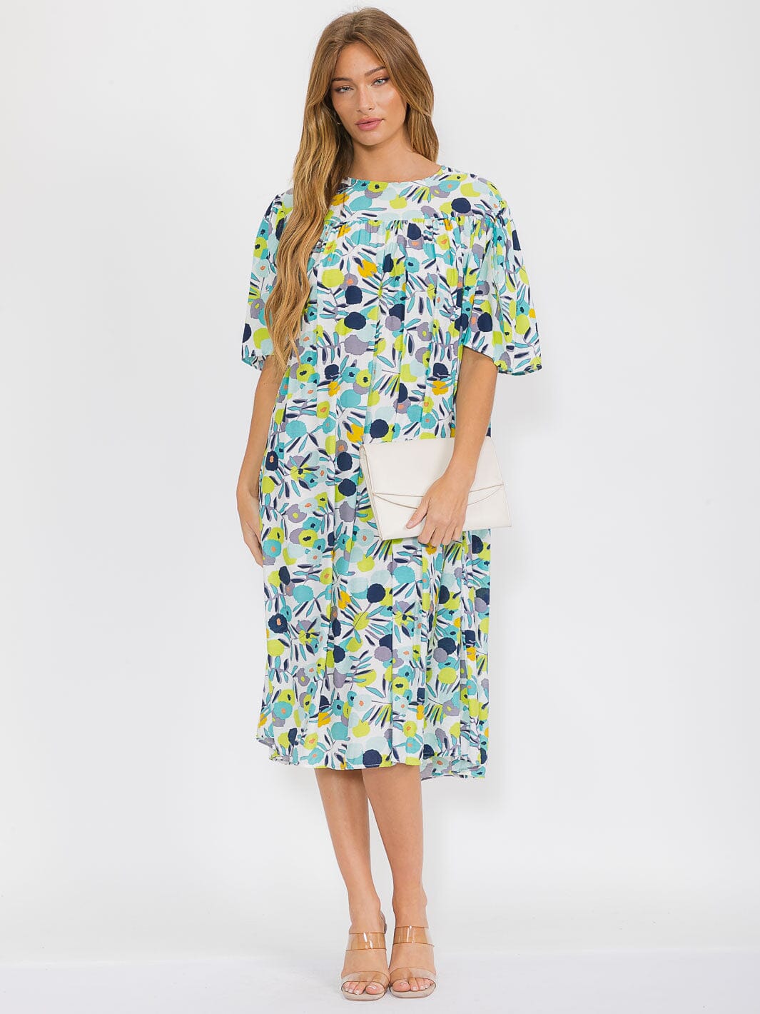 WOMEN'S SHORT SLEEVES TUNIC FLORAL MIDI DRESS