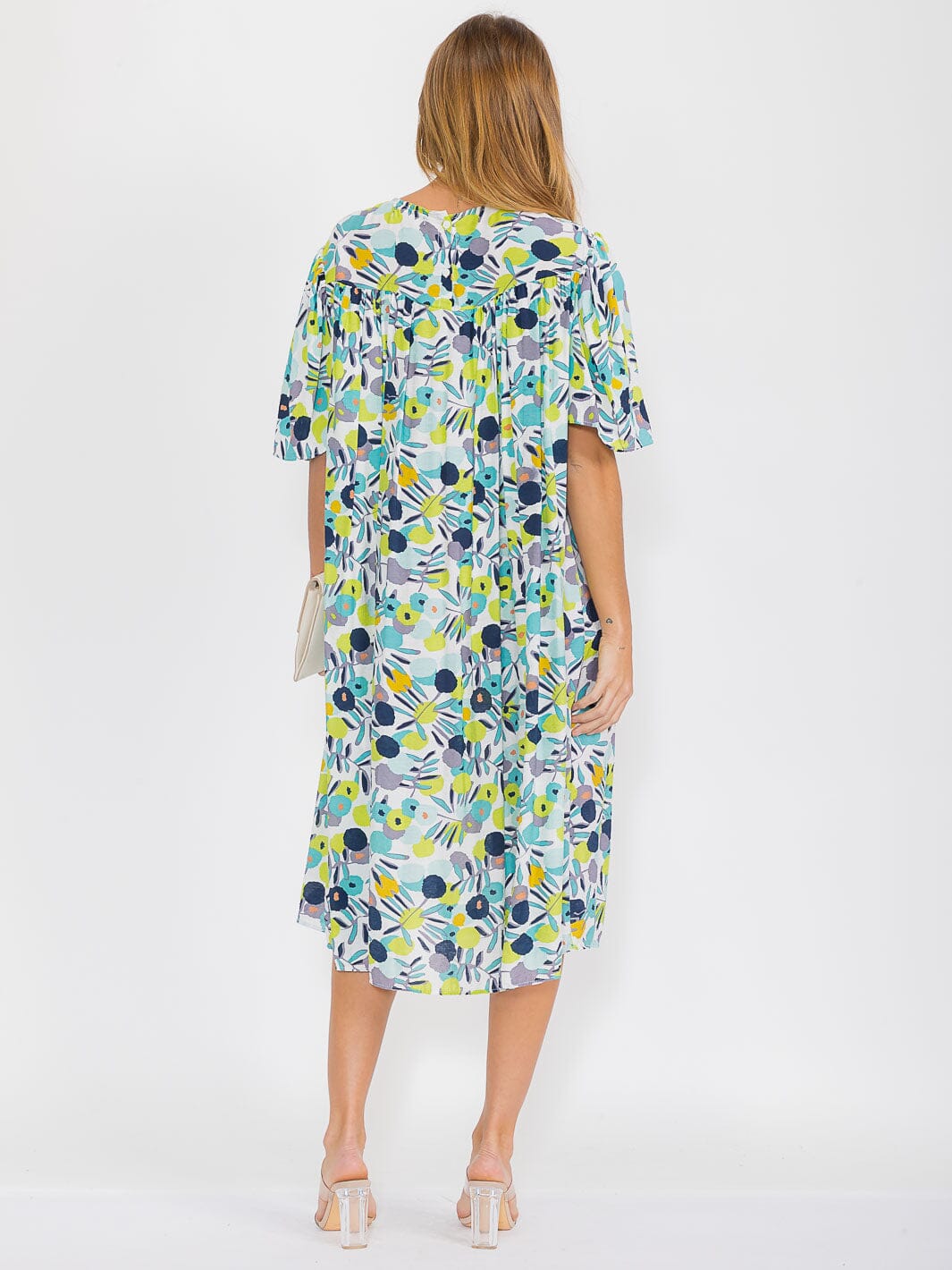 WOMEN'S SHORT SLEEVES TUNIC FLORAL MIDI DRESS