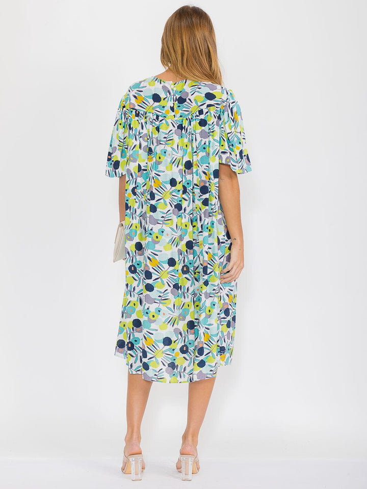 WOMEN'S SHORT SLEEVES TUNIC FLORAL MIDI DRESS