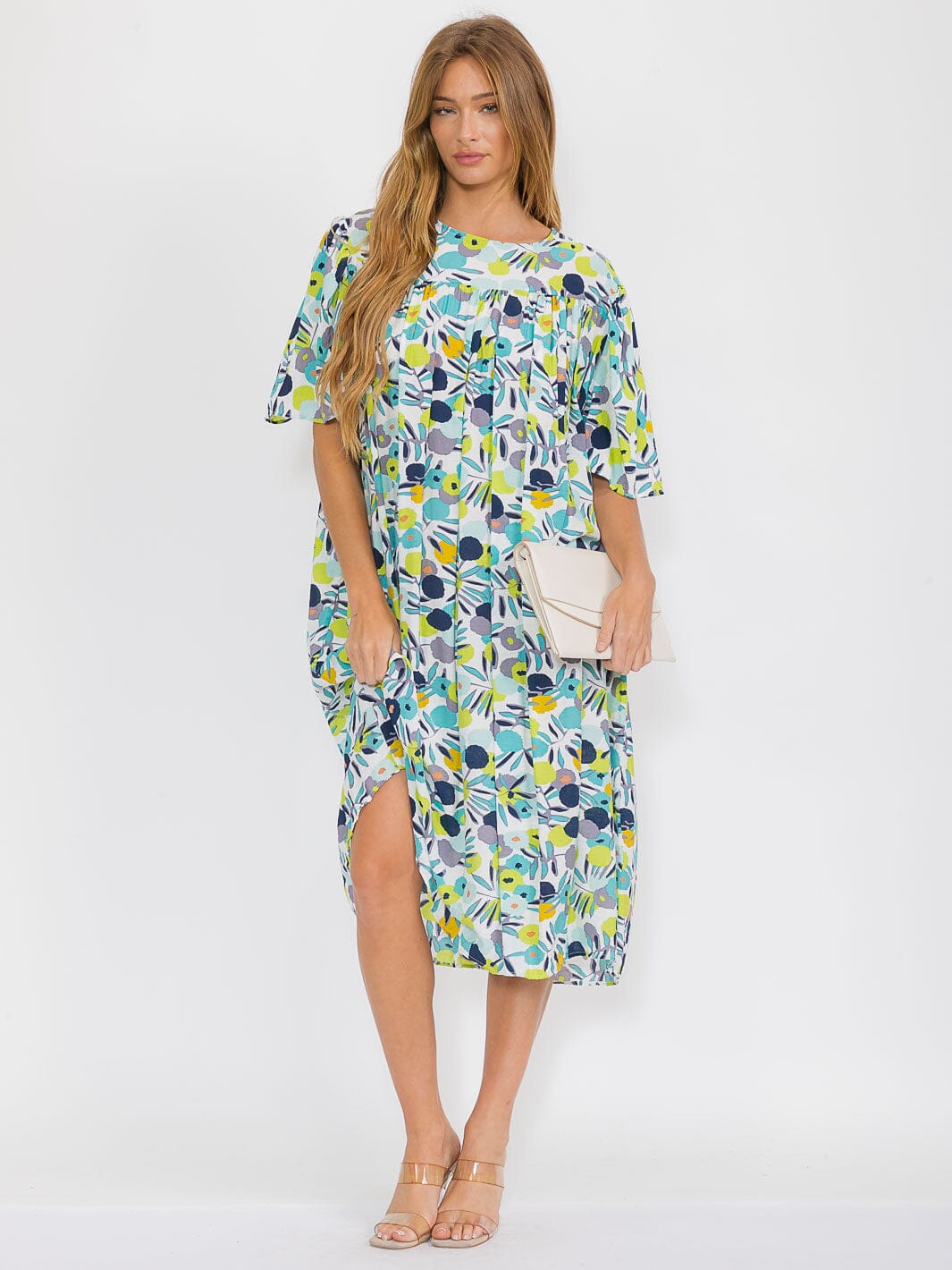 WOMEN'S SHORT SLEEVES TUNIC FLORAL MIDI DRESS