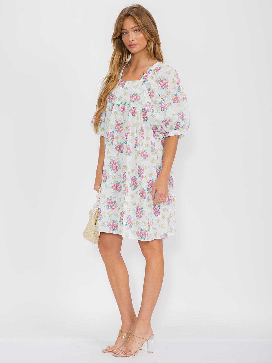 WOMEN'S SHORT PUFF SLEEVE SQUARE NECK FLORAL TUNIC MIDI DRESS