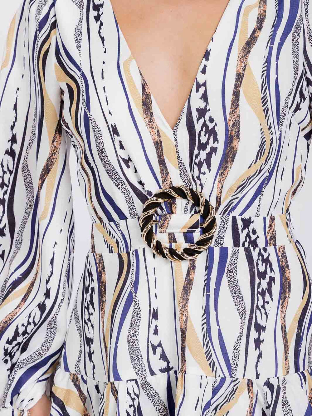 WOMEN'S LONG SLEEVE V-NECK TIERED RUFFLE MULTI PRINT MINI DRESS