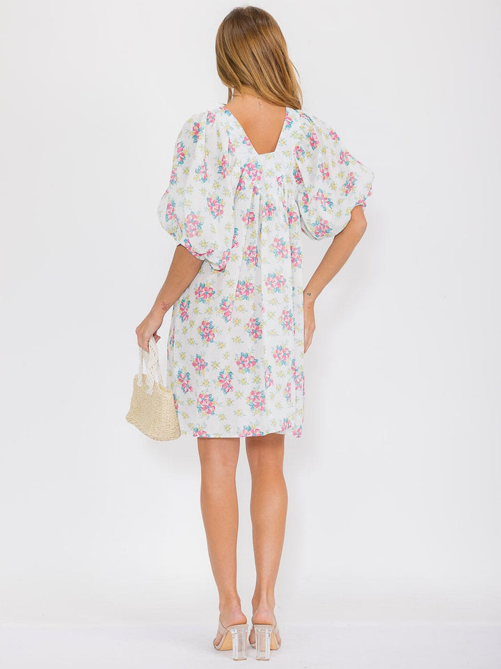 WOMEN'S SHORT PUFF SLEEVE SQUARE NECK FLORAL TUNIC MIDI DRESS