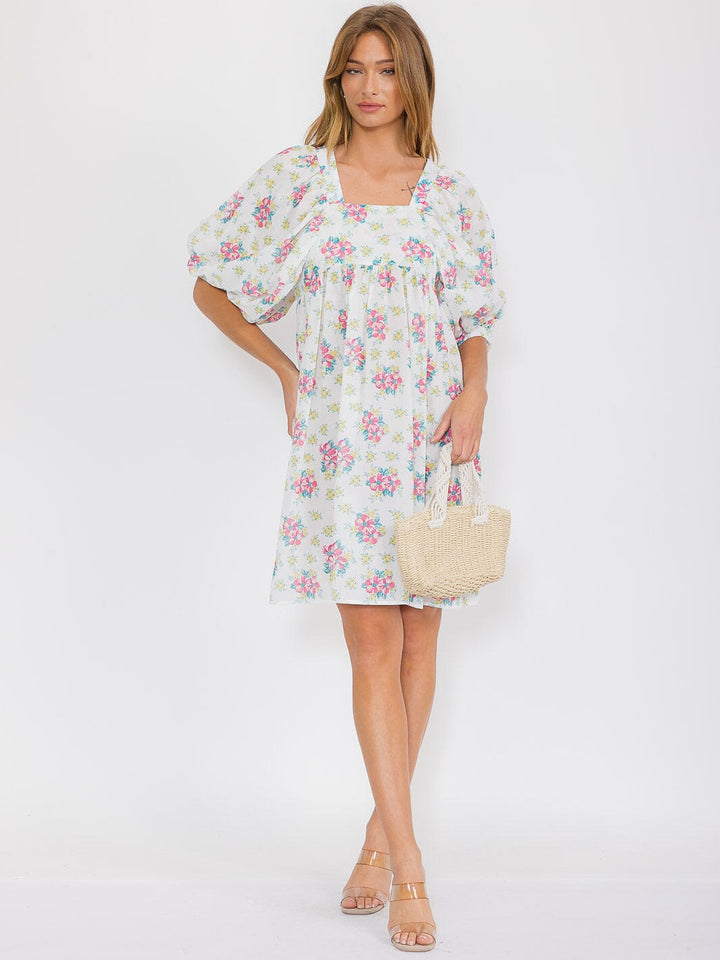WOMEN'S SHORT PUFF SLEEVE SQUARE NECK FLORAL TUNIC MIDI DRESS