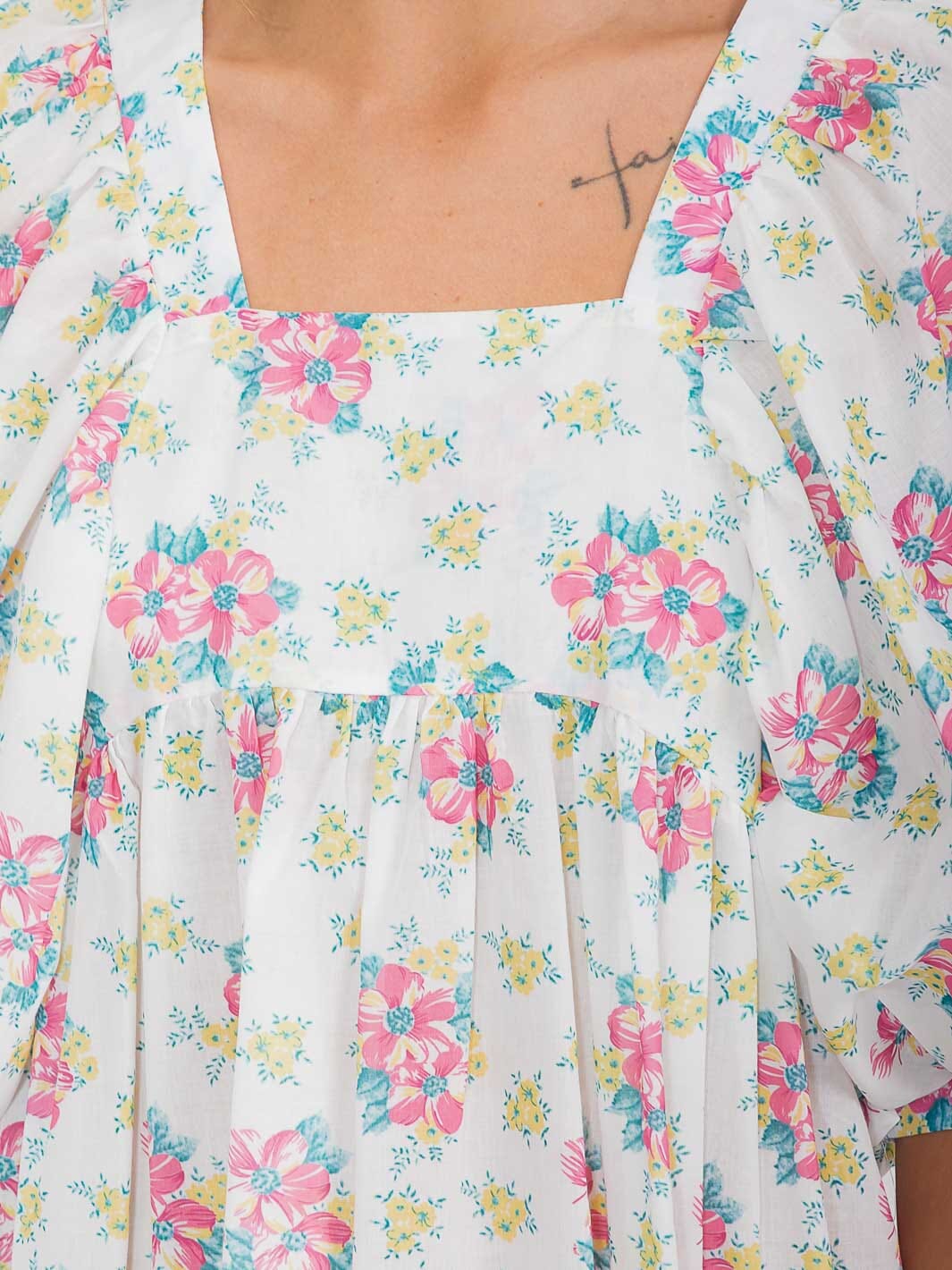 WOMEN'S SHORT PUFF SLEEVE SQUARE NECK FLORAL TUNIC MIDI DRESS