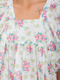 WOMEN'S SHORT PUFF SLEEVE SQUARE NECK FLORAL TUNIC MIDI DRESS