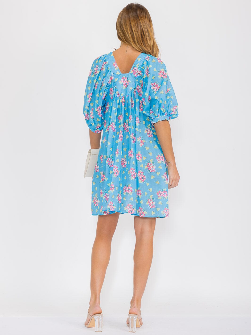 WOMEN'S SHORT PUFF SLEEVE SQUARE NECK FLORAL TUNIC MIDI DRESS