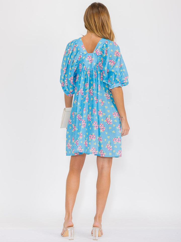 WOMEN'S SHORT PUFF SLEEVE SQUARE NECK FLORAL TUNIC MIDI DRESS