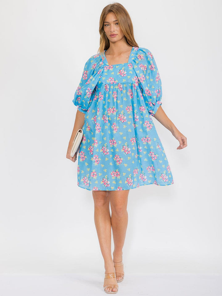 WOMEN'S SHORT PUFF SLEEVE SQUARE NECK FLORAL TUNIC MIDI DRESS