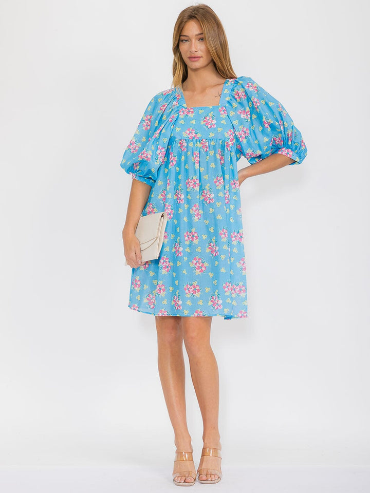 WOMEN'S SHORT PUFF SLEEVE SQUARE NECK FLORAL TUNIC MIDI DRESS