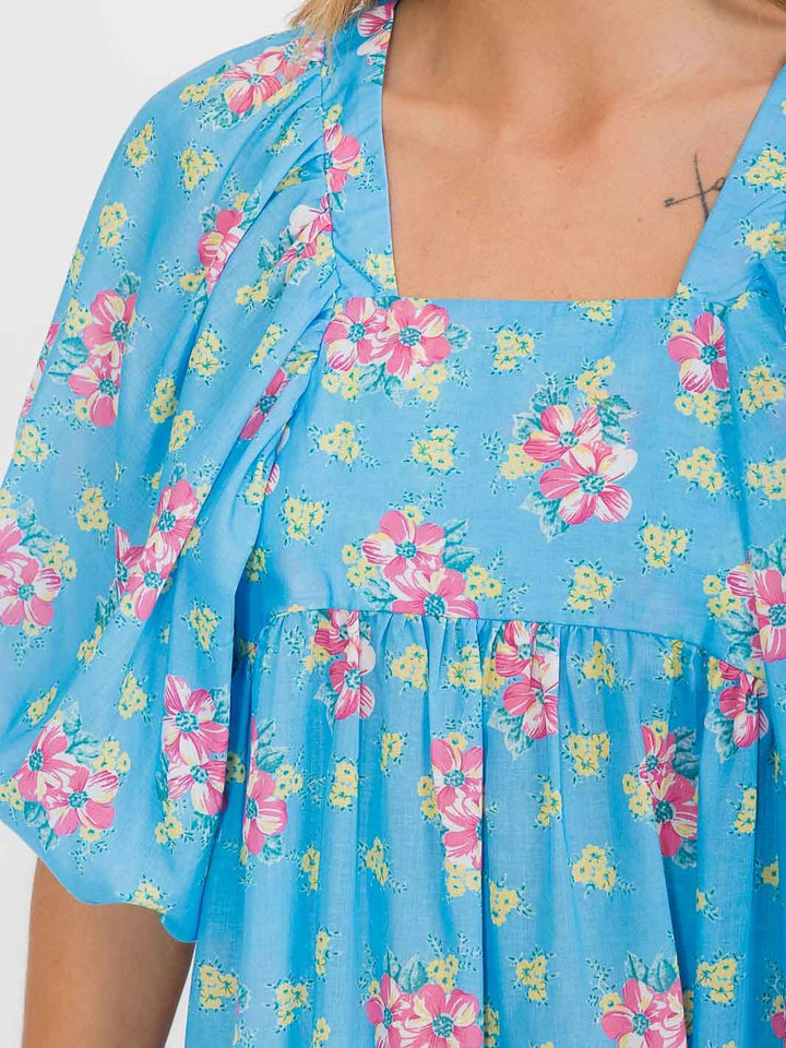 WOMEN'S SHORT PUFF SLEEVE SQUARE NECK FLORAL TUNIC MIDI DRESS
