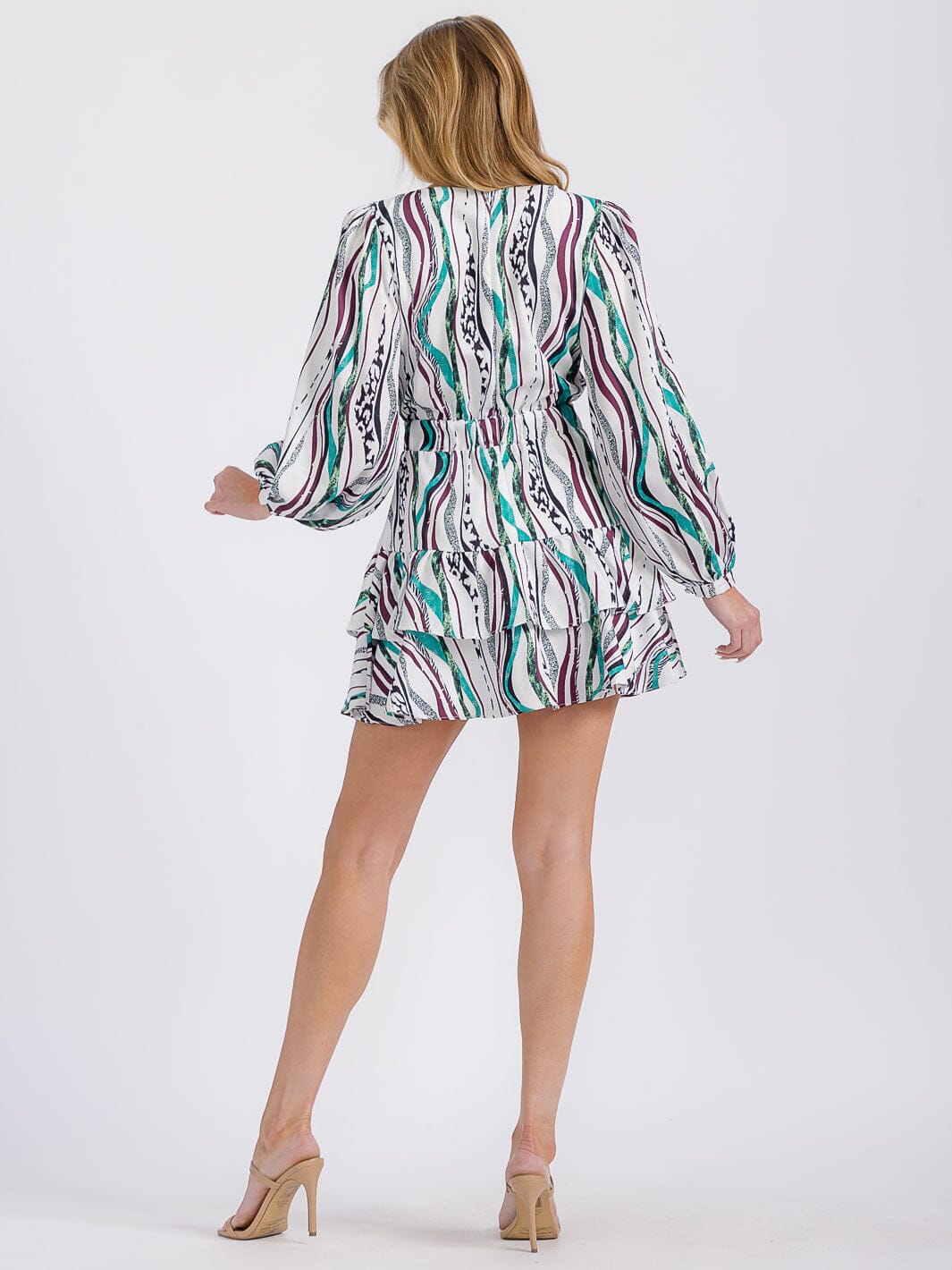 WOMEN'S LONG SLEEVE V-NECK TIERED RUFFLE MULTI PRINT MINI DRESS