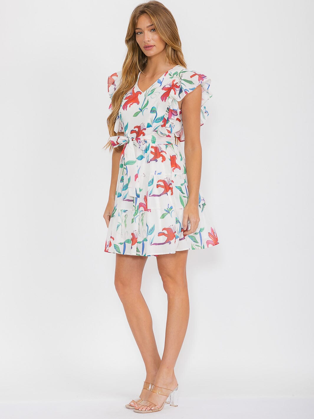 WOMEN'S SHORT RUFFLE SLEEVE V-NECK SELF TIE FRONT POCKETS FLORAL MINI DRESS