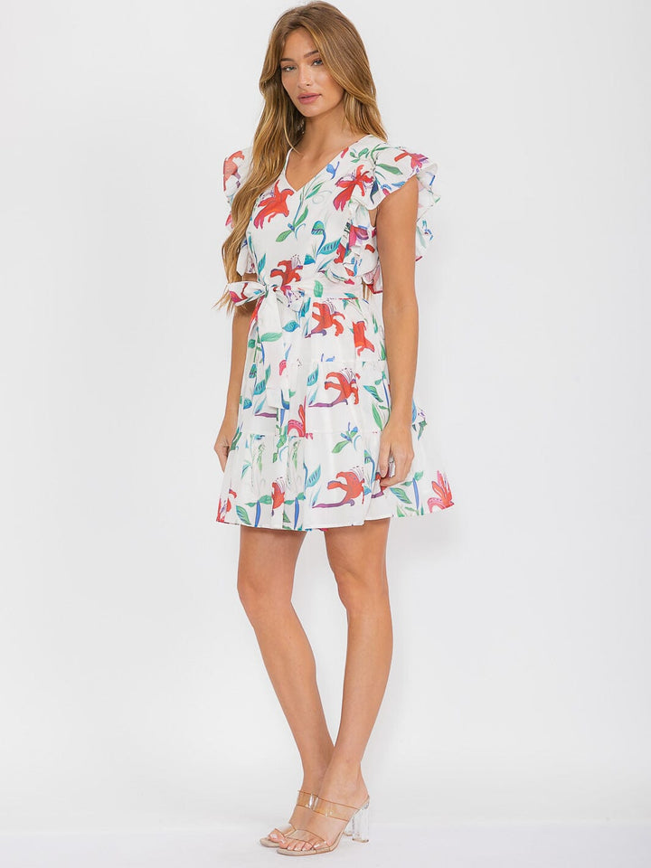 WOMEN'S SHORT RUFFLE SLEEVE V-NECK SELF TIE FRONT POCKETS FLORAL MINI DRESS