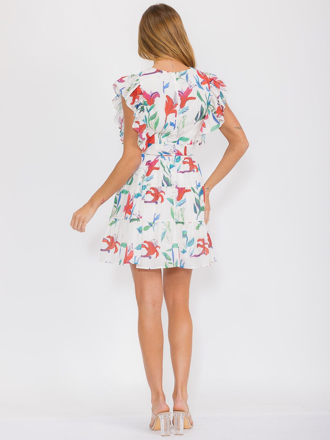 WOMEN'S SHORT RUFFLE SLEEVE V-NECK SELF TIE FRONT POCKETS FLORAL MINI DRESS