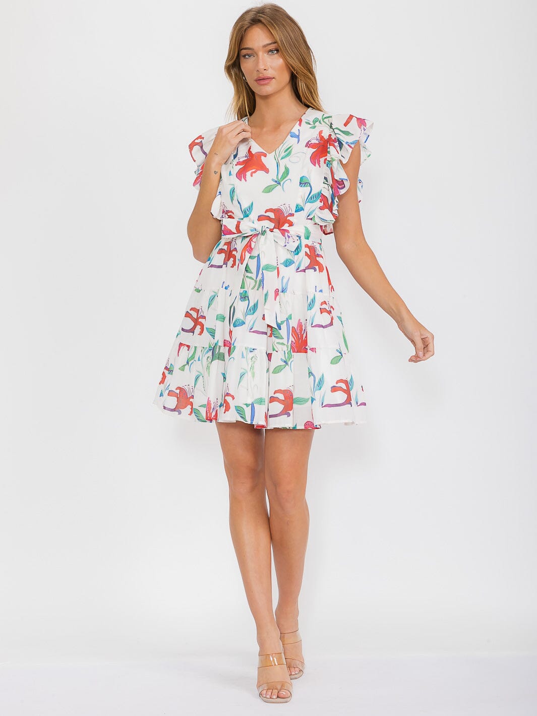 WOMEN'S SHORT RUFFLE SLEEVE V-NECK SELF TIE FRONT POCKETS FLORAL MINI DRESS