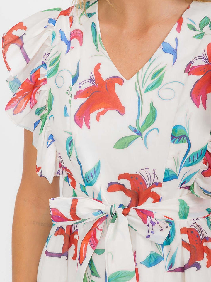 WOMEN'S SHORT RUFFLE SLEEVE V-NECK SELF TIE FRONT POCKETS FLORAL MINI DRESS