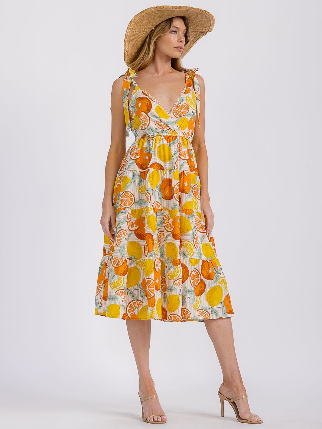 WOMEN'S SLEEVELESS SURPLICE SMOCK MULTI PRINT MIDI DRESS