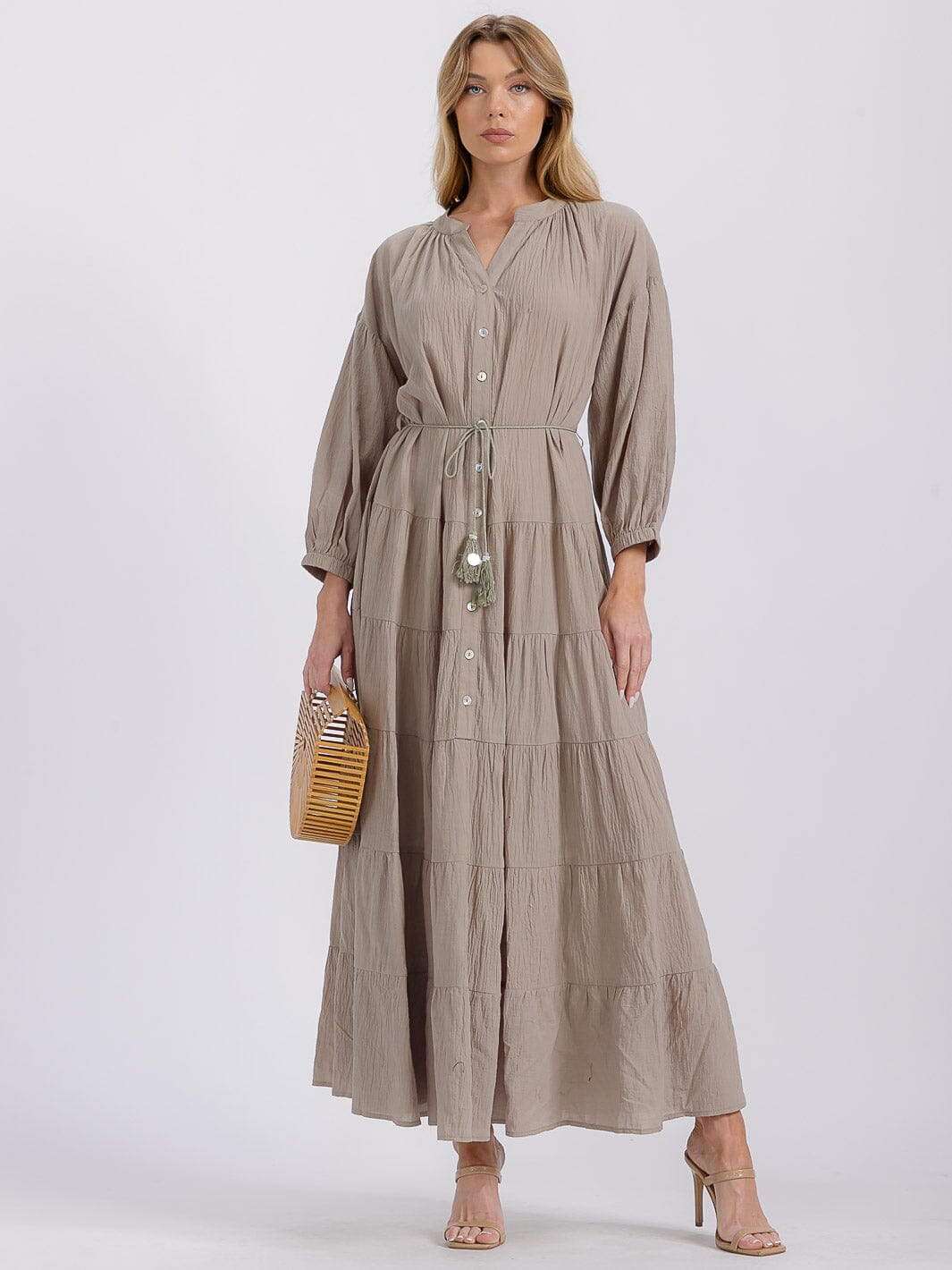 WOMEN'S LONG SLEEVE SELF TIE BUTTON UP TIERED MAXI DRESS