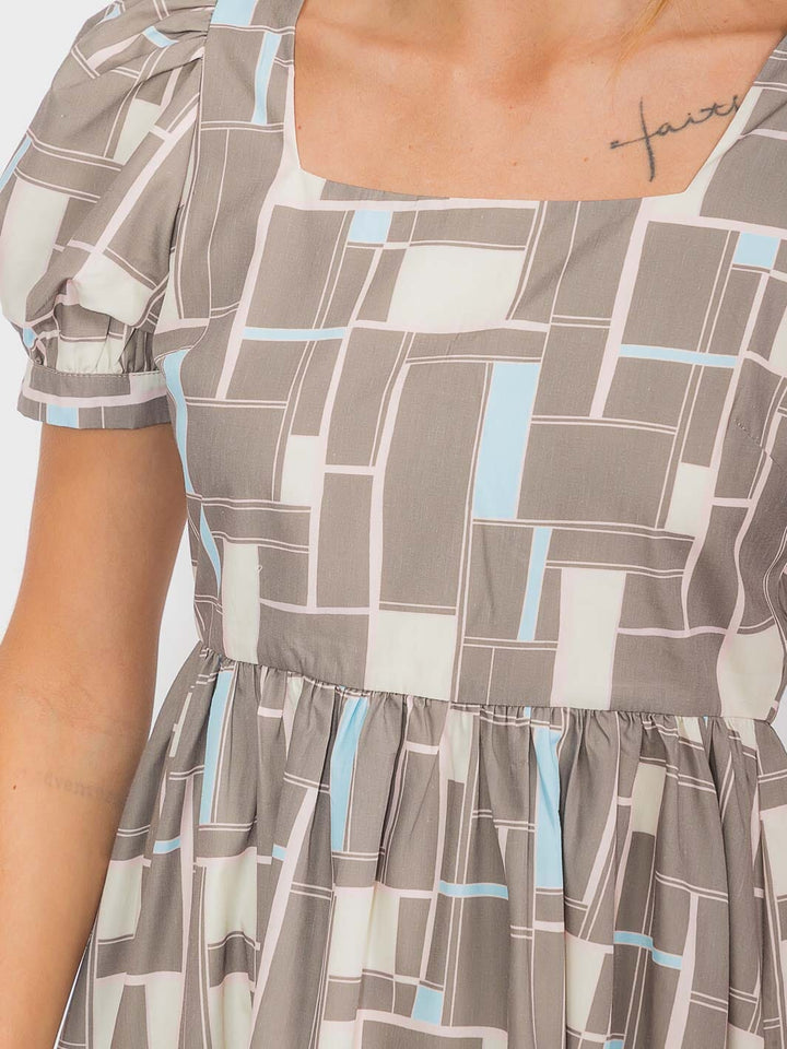 WOMEN'S SHORT PUFF SLEEVE SQUARE NECK PRINTED MINI DRESS