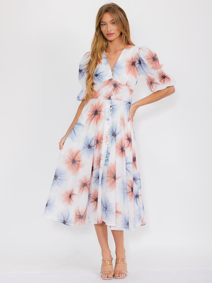WOMEN'S SHORT PUFF SLEEVES V-NECK BUTTON UP FLORAL MAXI DRESS