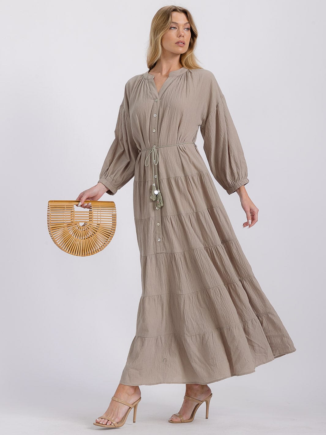 WOMEN'S LONG SLEEVE SELF TIE BUTTON UP TIERED MAXI DRESS