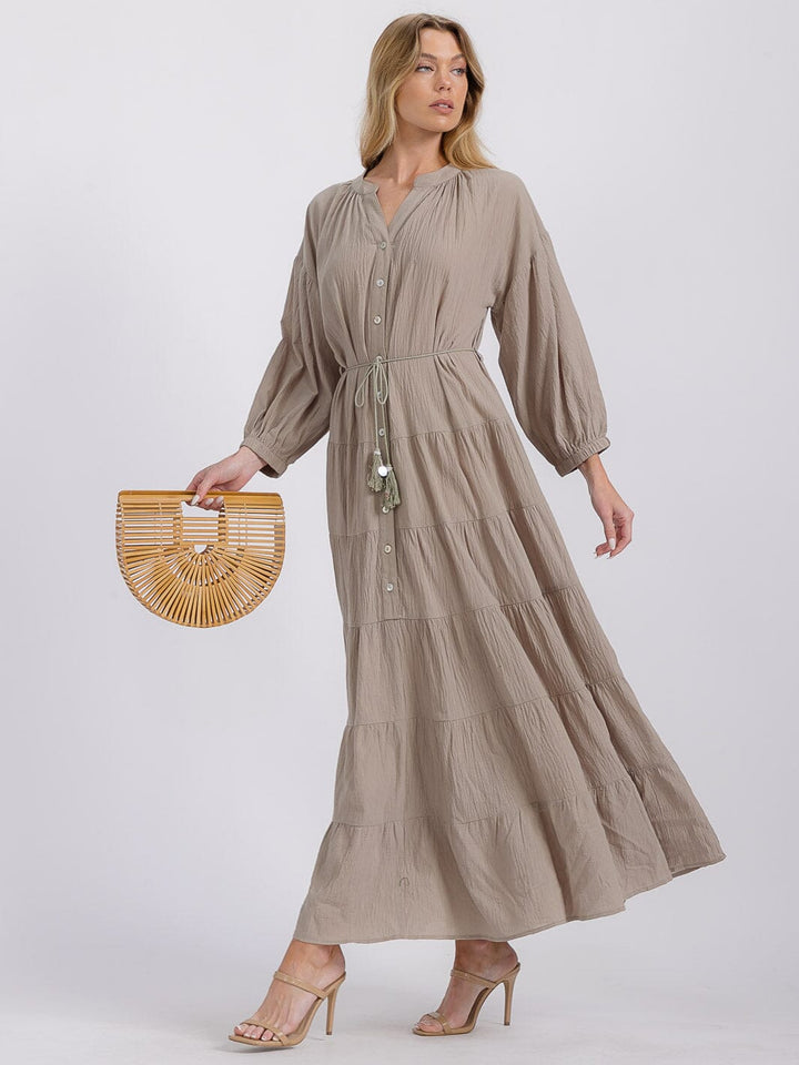 WOMEN'S LONG SLEEVE SELF TIE BUTTON UP TIERED MAXI DRESS