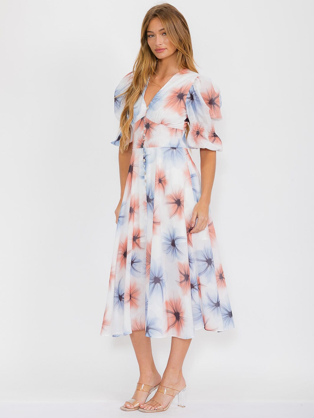 WOMEN'S SHORT PUFF SLEEVES V-NECK BUTTON UP FLORAL MAXI DRESS