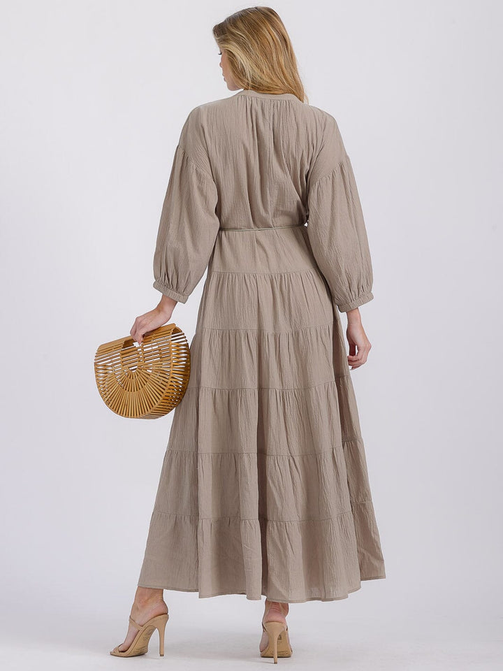WOMEN'S LONG SLEEVE SELF TIE BUTTON UP TIERED MAXI DRESS