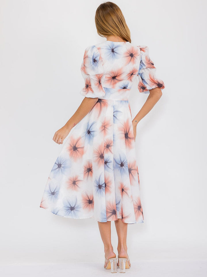 WOMEN'S SHORT PUFF SLEEVES V-NECK BUTTON UP FLORAL MAXI DRESS