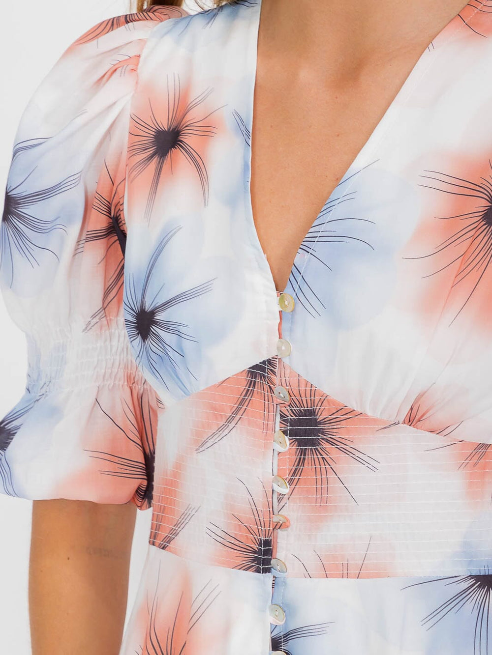 WOMEN'S SHORT PUFF SLEEVES V-NECK BUTTON UP FLORAL MAXI DRESS
