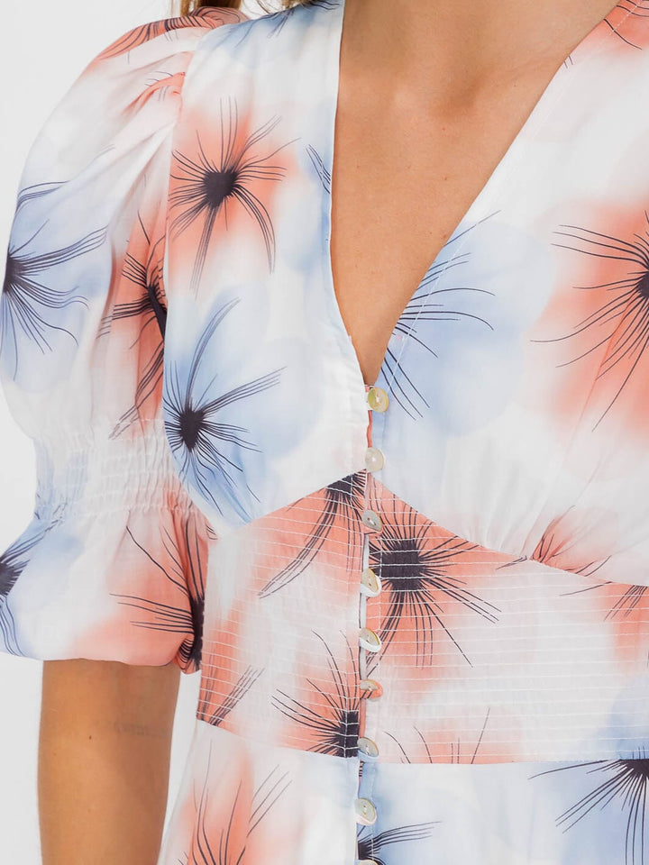 WOMEN'S SHORT PUFF SLEEVES V-NECK BUTTON UP FLORAL MAXI DRESS
