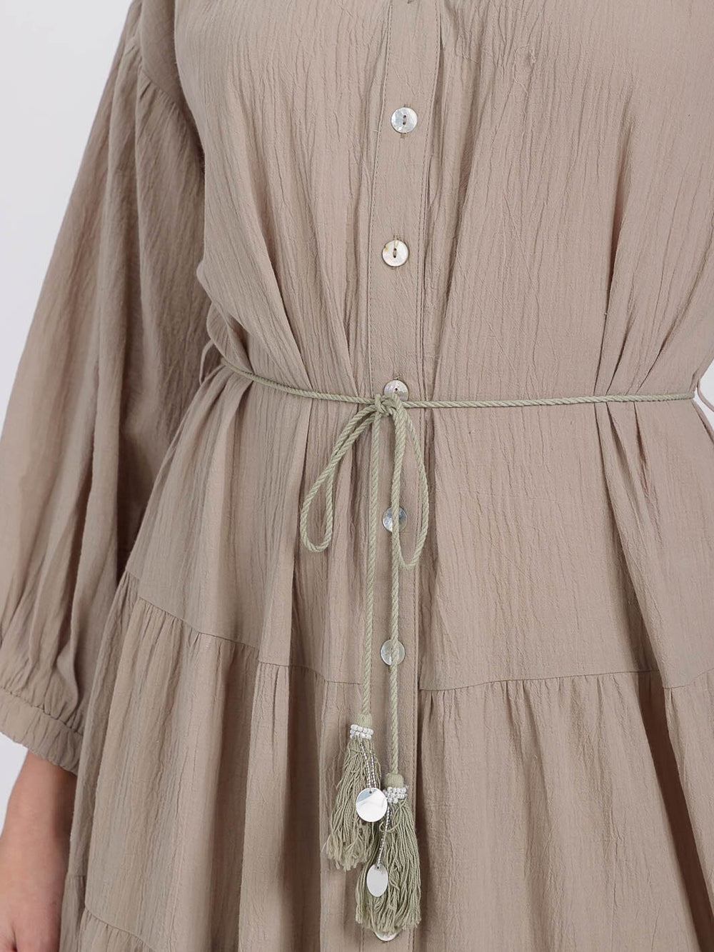 WOMEN'S LONG SLEEVE SELF TIE BUTTON UP TIERED MAXI DRESS
