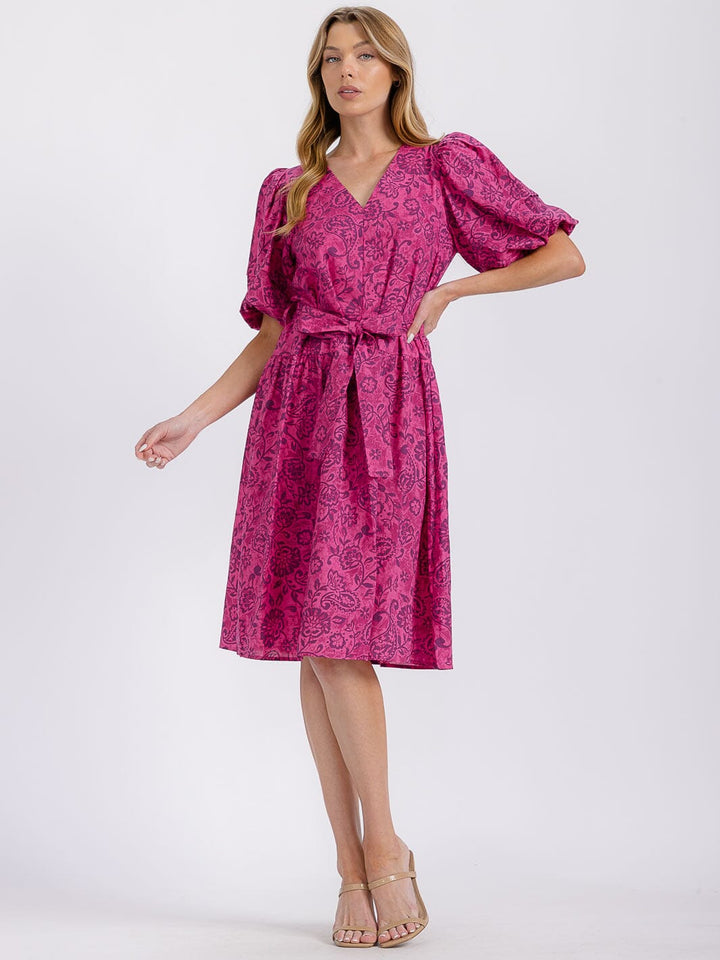 WOMEN'S SHORT PUFF SLEEVE SELF TIE V-NECK FLORAL MIDI DRESS