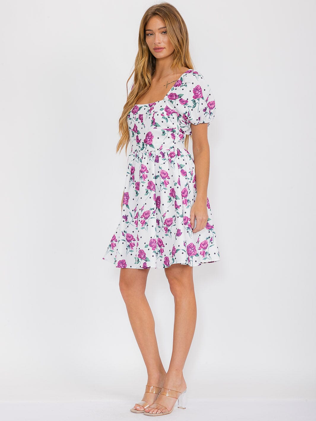 WOMEN'S SHORT PUFF SLEEVE SQUARE NECK FLORAL MINI DRESS