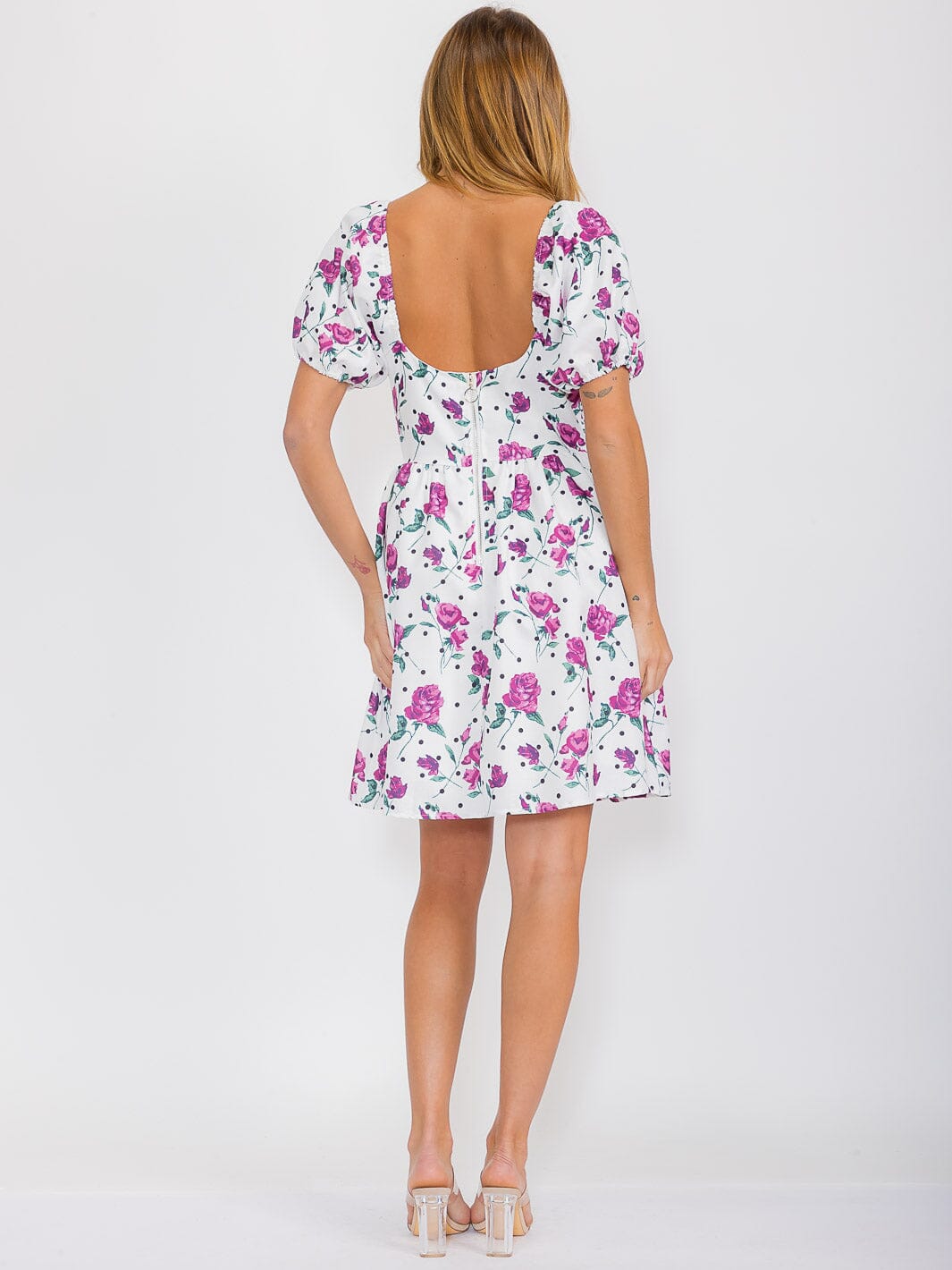 WOMEN'S SHORT PUFF SLEEVE SQUARE NECK FLORAL MINI DRESS