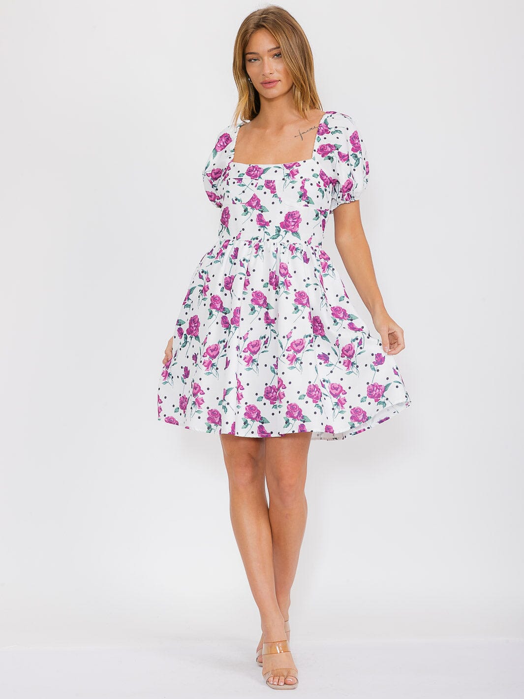 WOMEN'S SHORT PUFF SLEEVE SQUARE NECK FLORAL MINI DRESS