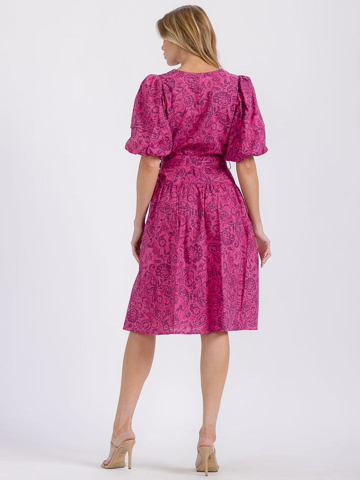 WOMEN'S SHORT PUFF SLEEVE SELF TIE V-NECK FLORAL MIDI DRESS