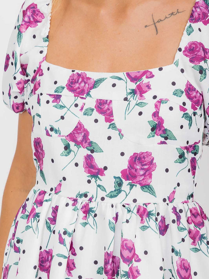 WOMEN'S SHORT PUFF SLEEVE SQUARE NECK FLORAL MINI DRESS