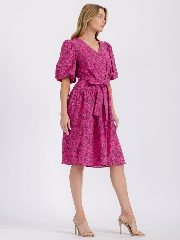 WOMEN'S SHORT PUFF SLEEVE SELF TIE V-NECK FLORAL MIDI DRESS